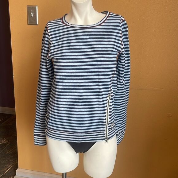 Lucky Brand Lucky Lotus Washed Blue Stripe Long Sleeve Top w/ front Zipper S- XS - Picture 2 of 10